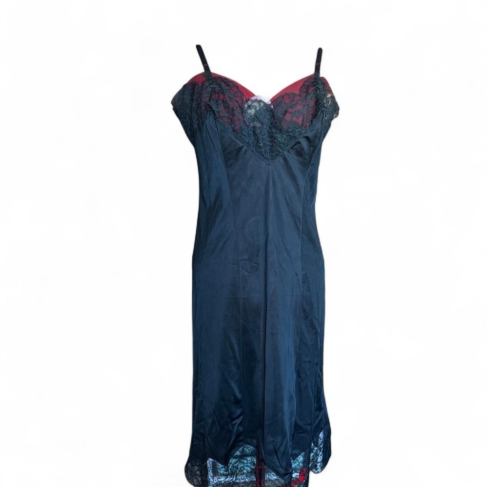 vintage Rogers black lace satin midi slip dress with adjustable straps size 38